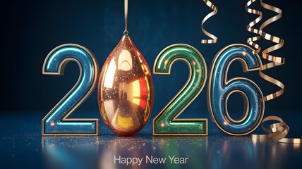 Shiny blue and green 2026 numbers with festive decorations
