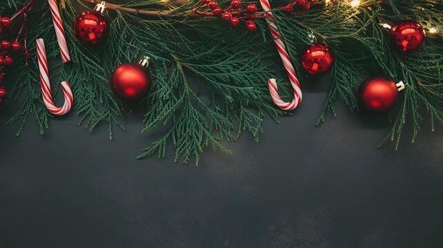 Festive christmas garland with candy canes and red ornaments on dark background - Powered by Adobe