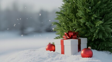 Christmas tree gift box and ornaments in snowy winter forest