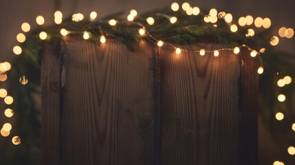 Cozy warm christmas lights on rustic wooden background