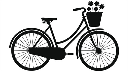 Springtime vintage bicycle vector silhouette with flower basket illustration, black retro bike clipart for greeting cards, eco travel print, floral transportation icon isolated on white background