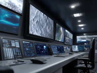 Fototapeta premium A high-tech control room with multiple screens.