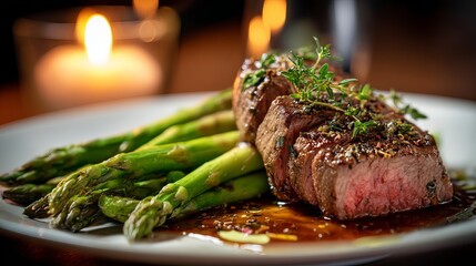 Elegant steak dinner with asparagus and candlelight, perfect for romantic evenings or upscale dining promotions, showcasing culinary artistry and flavor