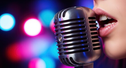 Close-up of female singing into vintage microphone with colorful bokeh background