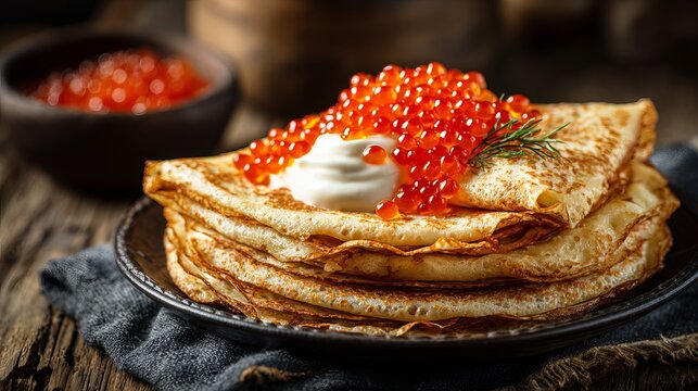 Indulge in savory crepes topped with vibrant red caviar and creamy delight, perfect for a luxurious brunch or elegant culinary presentation