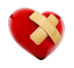 First aid plasters on heart on transparent background. 3D illustration