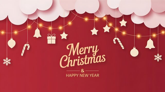 Merry christmas and happy new year with hanging ornaments on red background - Powered by Adobe