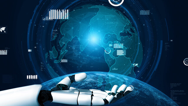 This high-tech image features a robotic hand reaching towards a digitally rendered Earth, surrounded by data graphics and sensor interfaces, symbolizing advanced technology. Xenic