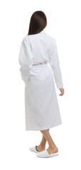 Obraz premium Beautiful woman wearing bathrobe on white background, back view