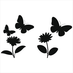 Spring butterflies flying around blooming flowers vector silhouette, minimalist nature illustration, floral garden clipart, black and white design for logos, cards, invitations, patterns, decal packs.