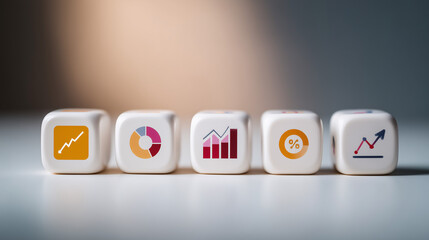 Row of cubes with icons of charts and metrics linear and circular diagrams.