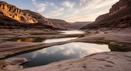 Obraz premium Serene Desert Landscape Featuring a Flowing River Amidst Rugged, Sun-Drenched Canyon Walls at Golden Hour