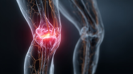 transparent knee joint with highlighted inflammation and nerve anatomy