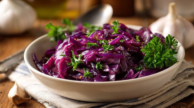 Delicious braised red cabbage with parsley ready to eat, perfect for healthy food blogs, restaurant menus and festive side dishes for holiday meals