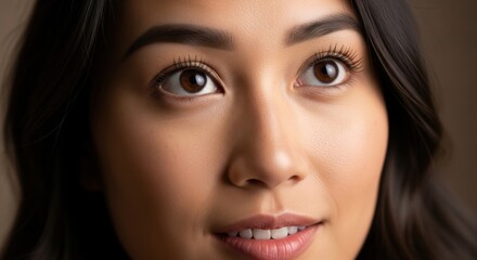 Obraz premium Close-up portrait of a young woman with warm expression and natural makeup showcasing facial