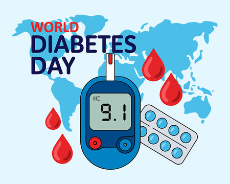 World Diabetes Day Awareness Campaign with Glucometer and Medication Over World Map Illustration