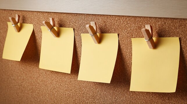 Organize your thoughts with vibrant yellow sticky notes on a corkboard, perfect for brainstorming or task management in a modern workspace