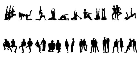 Vector silhouettes of people in a row. People doing yoga, pilates, simply sitting, or walking outside.
