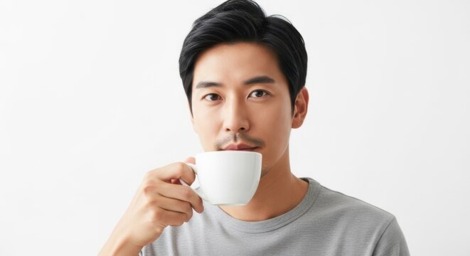 confident young man enjoying a peaceful moment with a coffee cup in a minimalist setting