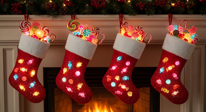 Festive Christmas stockings overflowing with candies