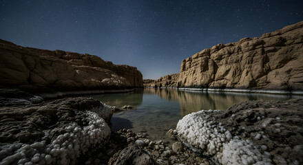 Serene Nighttime Landscape of a Canyon with a Reflective Water Body Under a Starry Sky