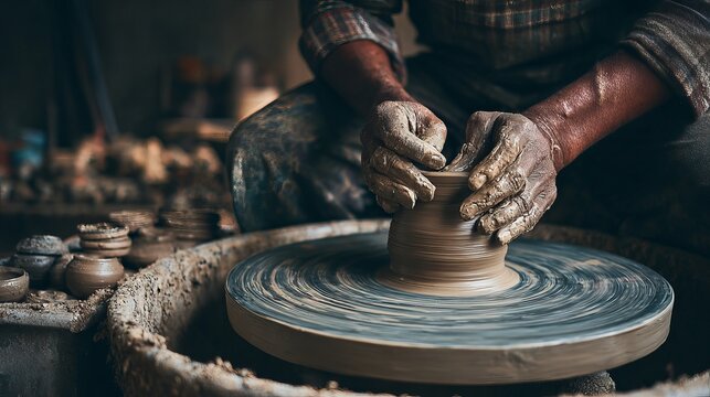 Artisan hands shaping clay on a spinning wheel, crafting pottery with skill, evoking traditional artistry and creativity in a rustic workshop setting