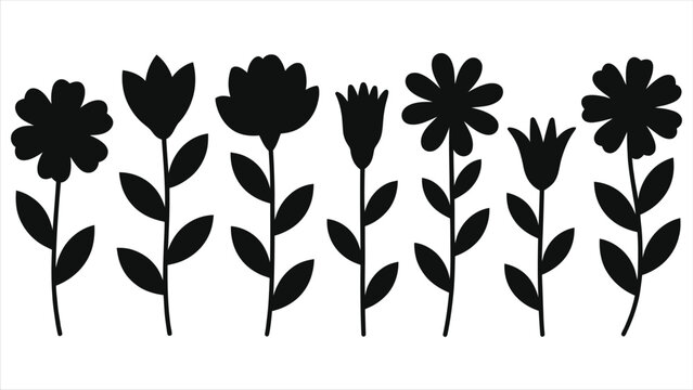 Spring flower field vector illustration with tulips, daffodils, and daisies in silhouette style, minimalist floral pattern design for greeting cards, spring backgrounds, and nature-themed decor