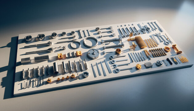 Organized collection of engineering parts and tools on display showing precision and detail in a modern industrial design studio environment