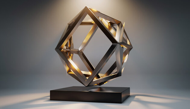 Modern geometric sculpture with golden light, a captivating centerpiece for contemporary spaces seeking artistic sophistication and innovative design concepts