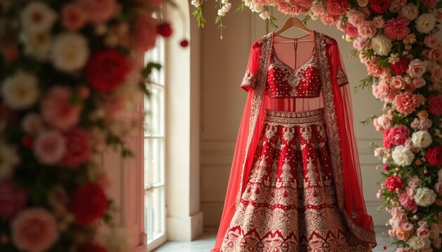 Vibrant red gold Indian bridal lehenga hangs in luxurious room. Traditional wedding dress displays intricate embroidery, rich fabric. Elegant clothing surrounded by stunning floral decor for special