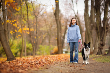 Fototapeta premium Woman walking her cute dog in autumn park, space for text