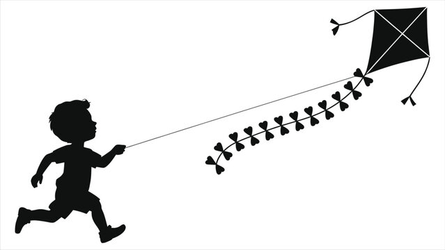 Silhouette of Child Running and Flying a Kite with Heart Streamers, Vector Illustration of Spring Outdoor Fun and Play
