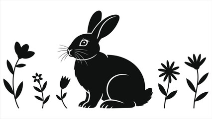 Black Rabbit or Easter Bunny Silhouette Vector Icon surrounded by Spring Flowers and Plants. Simple nature, animal, and springtime minimalist design illustration.