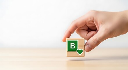 Building a brand with love and a green ethos, wood block in hand represents values and ethical company foundation, sustainable business practices matter
