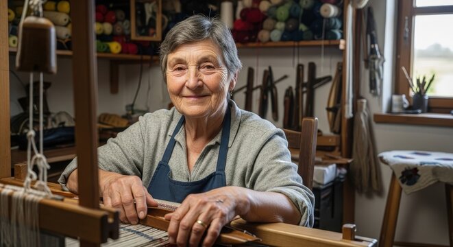 Happy senior woman weaving with a wooden loom in her traditional craft workshop indoors - Powered by Adobe