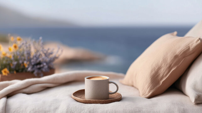 Cozy morning scene: cup of coffee on a tray on a bed with pillows by a window overlooking the sea — relaxing lifestyle.