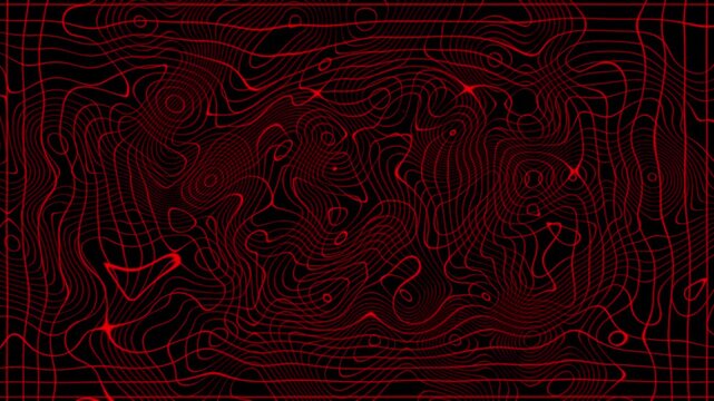 Red glowing contour line abstract pattern on black background with fluid topographic design