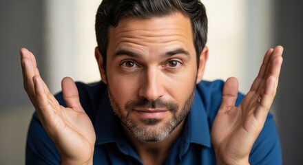 Confident man with hand gestures demonstrating uncertainty or