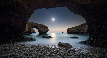 Enchanting Moonlight Illuminates a Secluded Cove with Arches and a Starry Night Sky