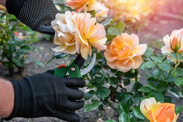 Woman pruning orange roses with garden shears in blooming yard, floral care and gardening hobby