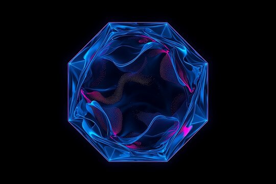 Futuristic neon nonagon with glowing dark-blue and pink plasma waves and particle energy on black background.