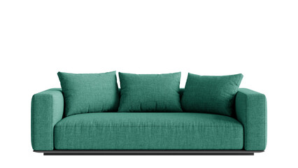 Front view of a sofa with pillows on a transparent background.
