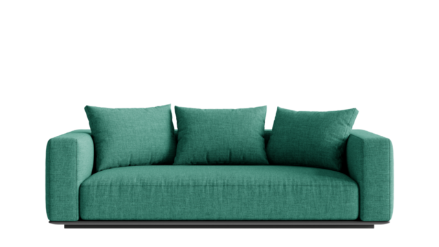 Front view of a sofa with pillows on a transparent background. - Powered by Adobe