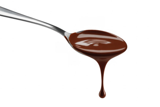 Melted chocolate dripping from a silver spoon isolated on a transparent background 1