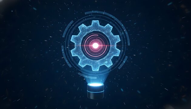Digital gear wheel hologram with red center on dark blue background. - Powered by Adobe