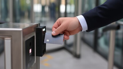 Employee scanning ID card at security access control system in office