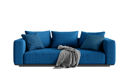 Front view of a blue couch with pillows on a transparent background.