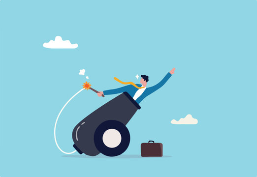 Self motivation to improve and boost business growth, determination to victory, challenge and ambition concept, confidence businessman ignite the cannon to launch himself flying high to reach target.
