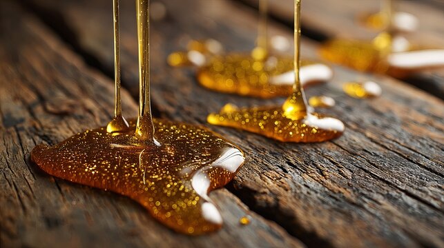 Golden honey dripping onto rustic wooden surface creates a warm inviting feeling perfect for breakfast, baking, or natural sweetener concepts