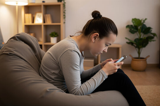 Teenage girl with bad posture using smartphone, text neck and teen tech addiction concept
